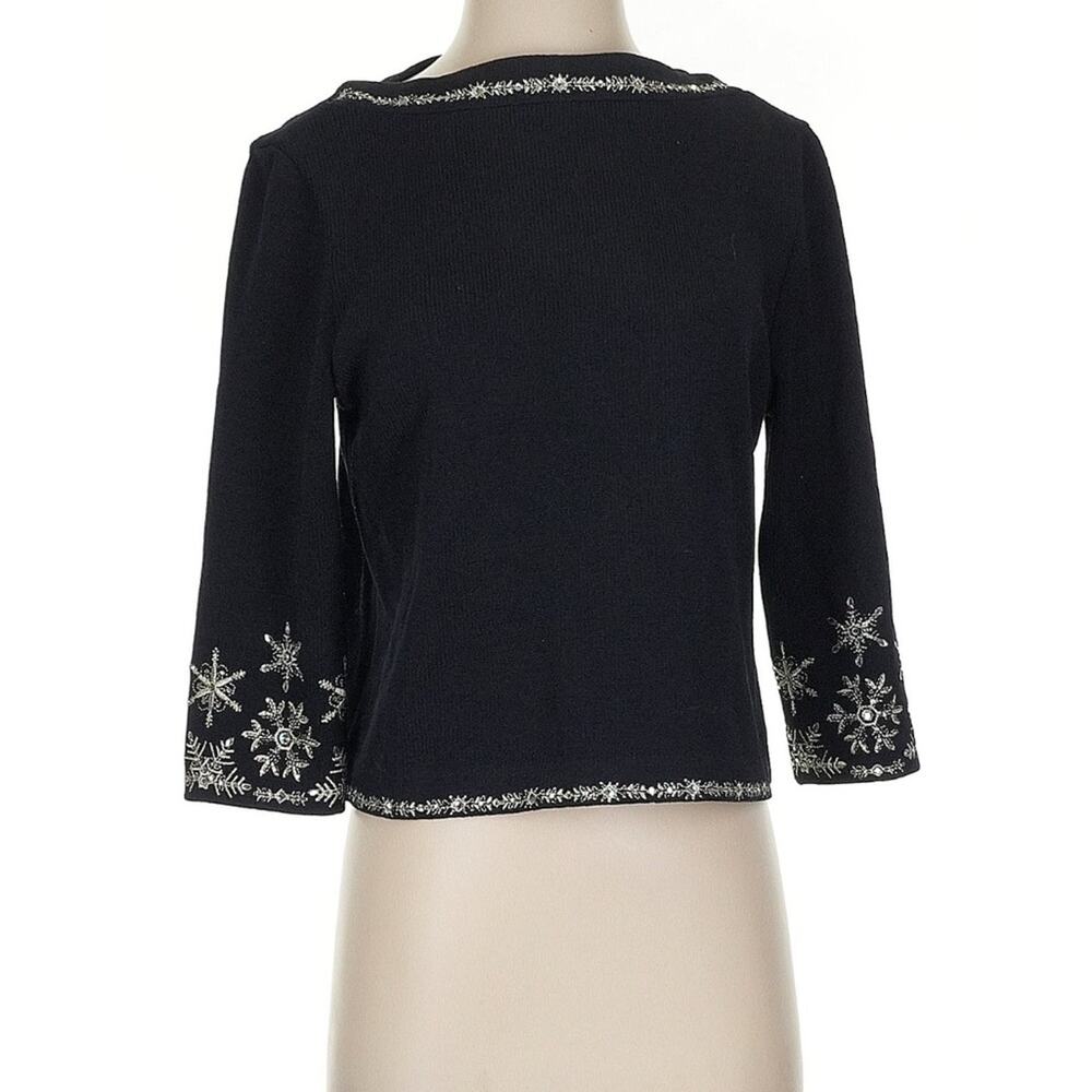 St. John Knits Collection Black Top Rhinestone Silver Accent Pullover Size 4